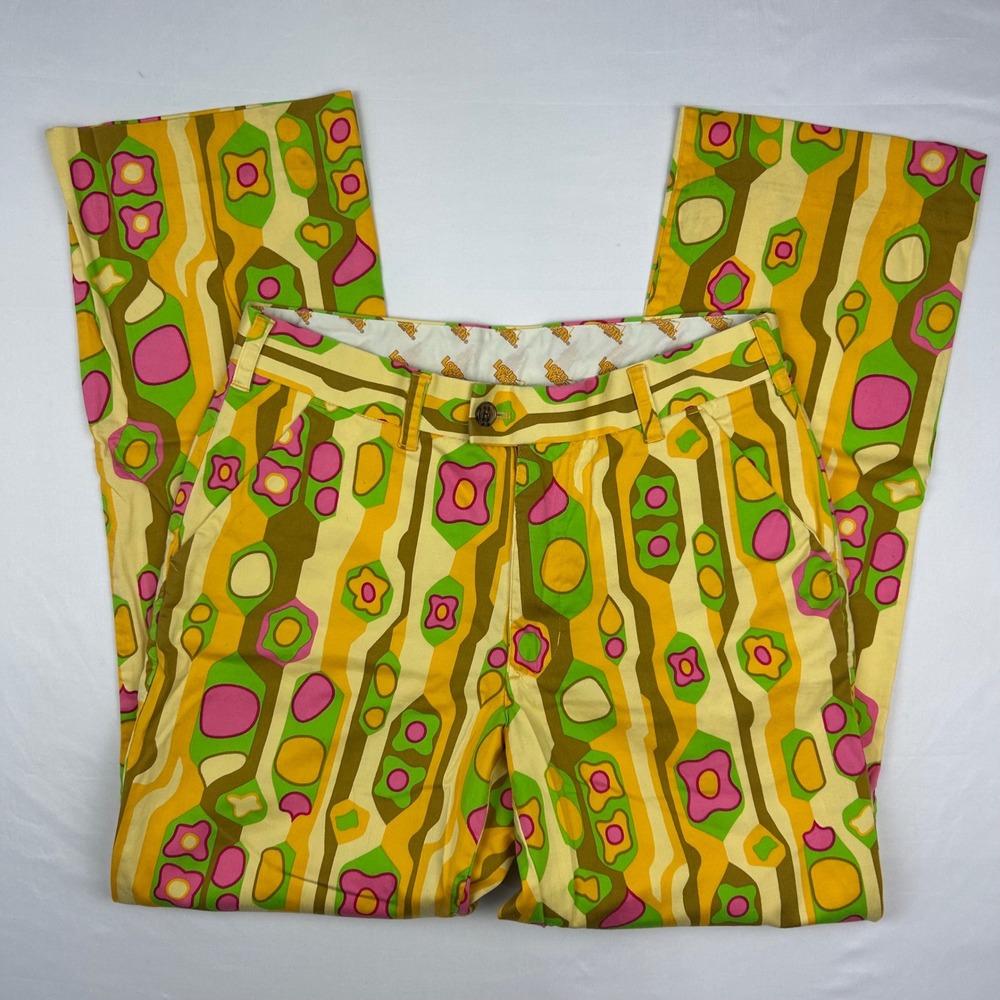 Loudmouth Golf Mens Psychedelic Floral Geometric Pants‎ Yellow Green Pink 30x30